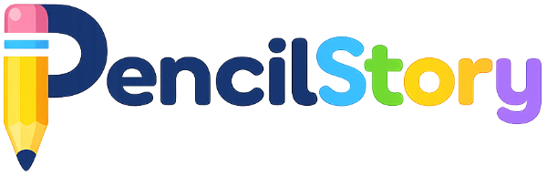 The PencilStory logo centered on a plain white background, featuring a stylized pencil icon with a pink eraser and a yellow body, alongside the word 'PencilStory' in dark blue, light blue, green, yellow, and purple lettering.